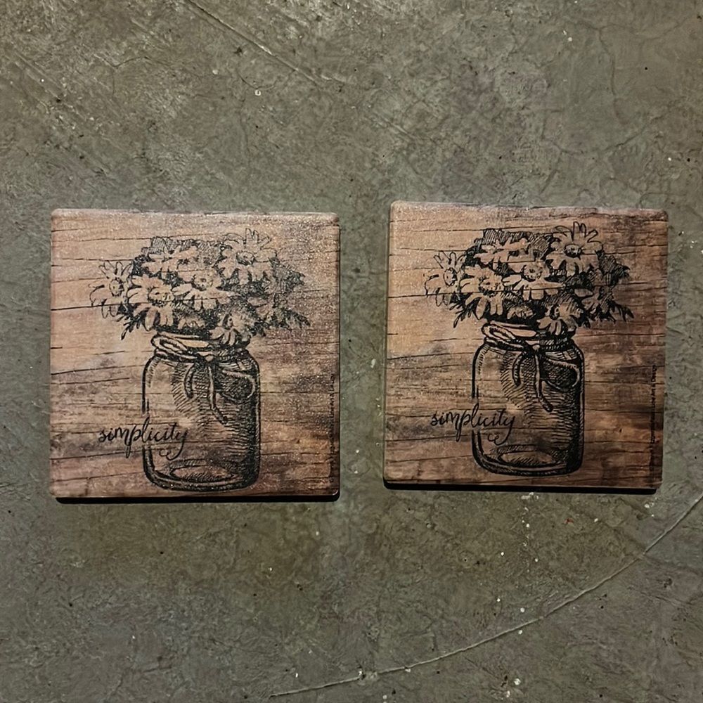 2 ceramic coasters - flowers in mason jar “simplicity”